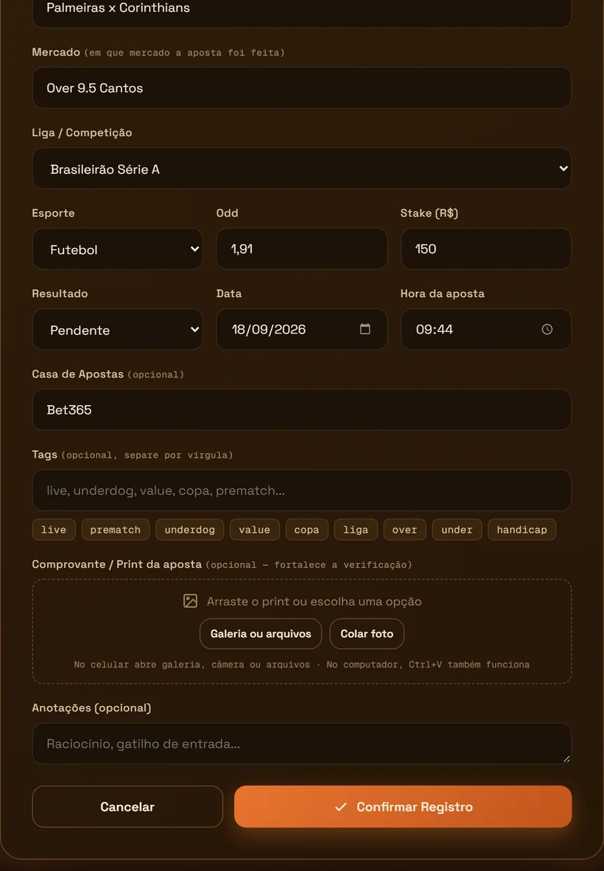 Tela de registro do nebula stats com os campos preenchidos pela leitura do print e a área para colar o comprovante